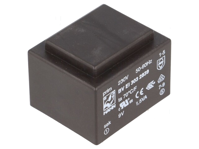 Transformator: ingegoten; 1,5VA; 230VAC; 9V; 167mA; PCB; BVEI Transformator: ingegoten; 1,5VA; 230VAC; 9V; 167mA; PCB; BVEI